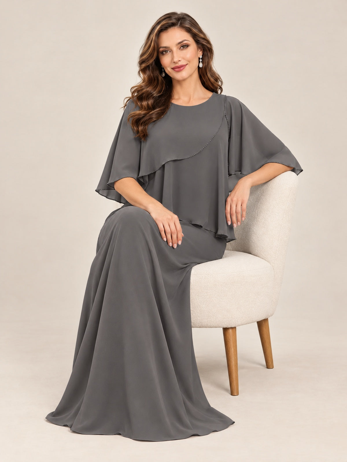 Cape Sleeve Mother of the Bride Dress with Asymmetrical Overlay