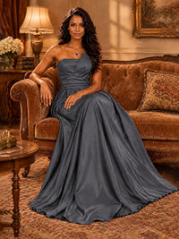 Draped Satin Prom Dress Strapless A-line Formal Dress Floor Length