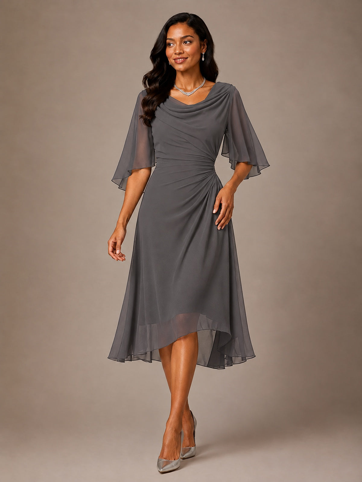 Cowl Neck Ruched Chiffon Mother of the Bride Dresses with Flutter Sleeves