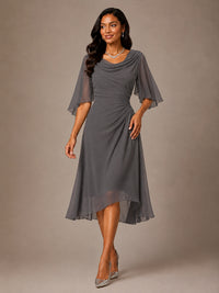 Cowl Neck Ruched Chiffon Mother of the Bride Dresses with Flutter Sleeves