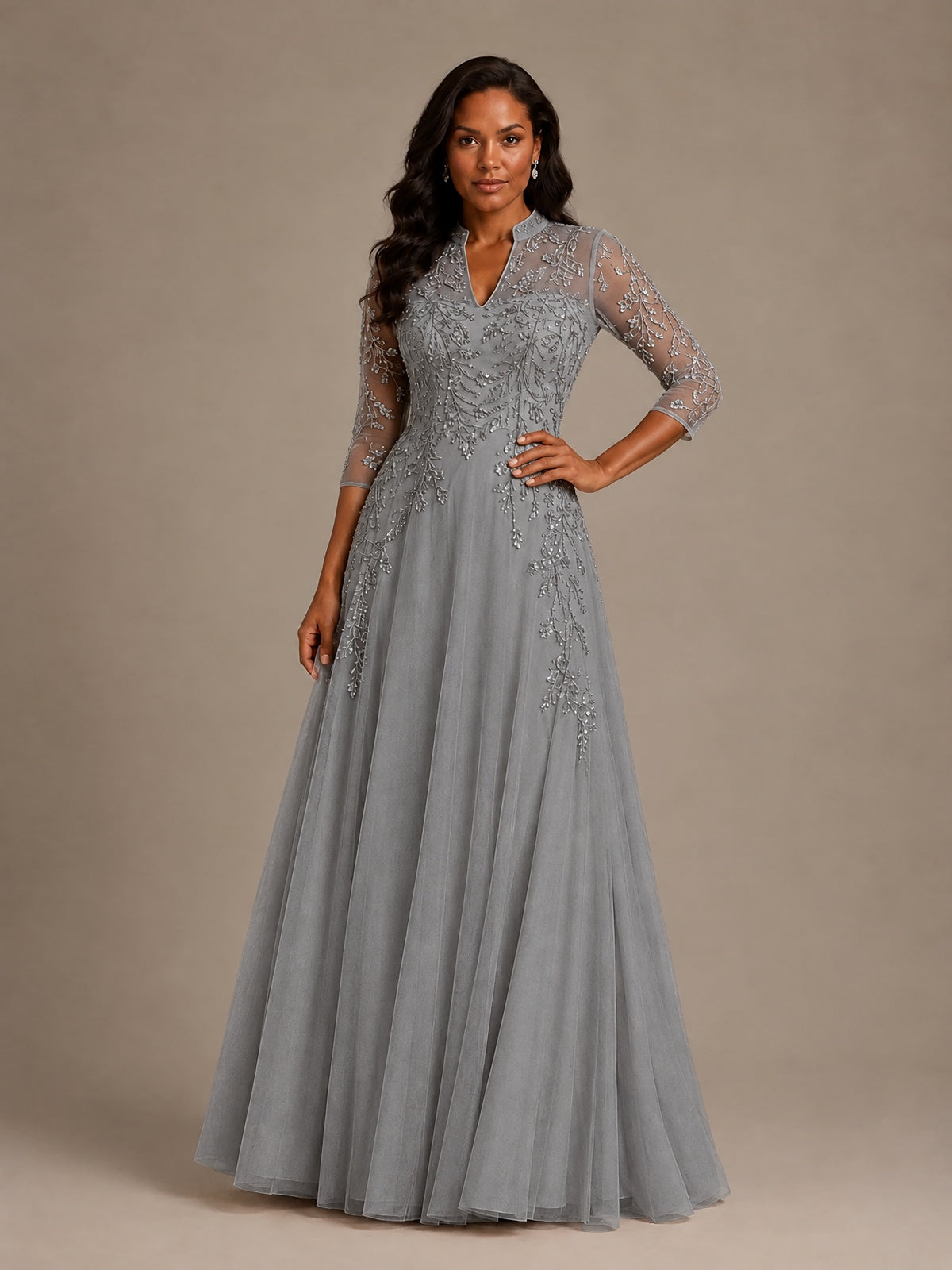 Embellished Appliques Mother of the Bride Dress with 3/4 Sleeves