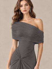 Elegant Draped Off Shoulder Ruched Mermaid Chiffon Formal Evening Gown