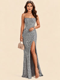 Sequin Lace Appliques Mermaid Prom Dress Spaghetti Strap Formal Gowns with Slit