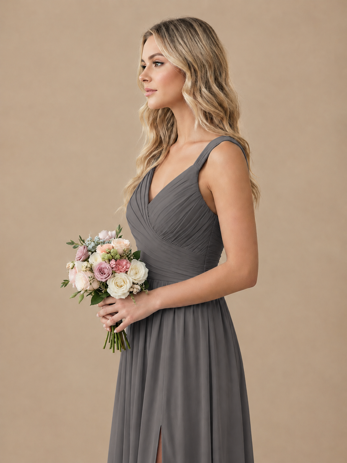 Pleated Chiffon V Neck Wedding Bridesmaid Dresses Floor Length with Slit