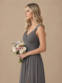 Pleated Chiffon V Neck Wedding Bridesmaid Dresses Floor Length with Slit