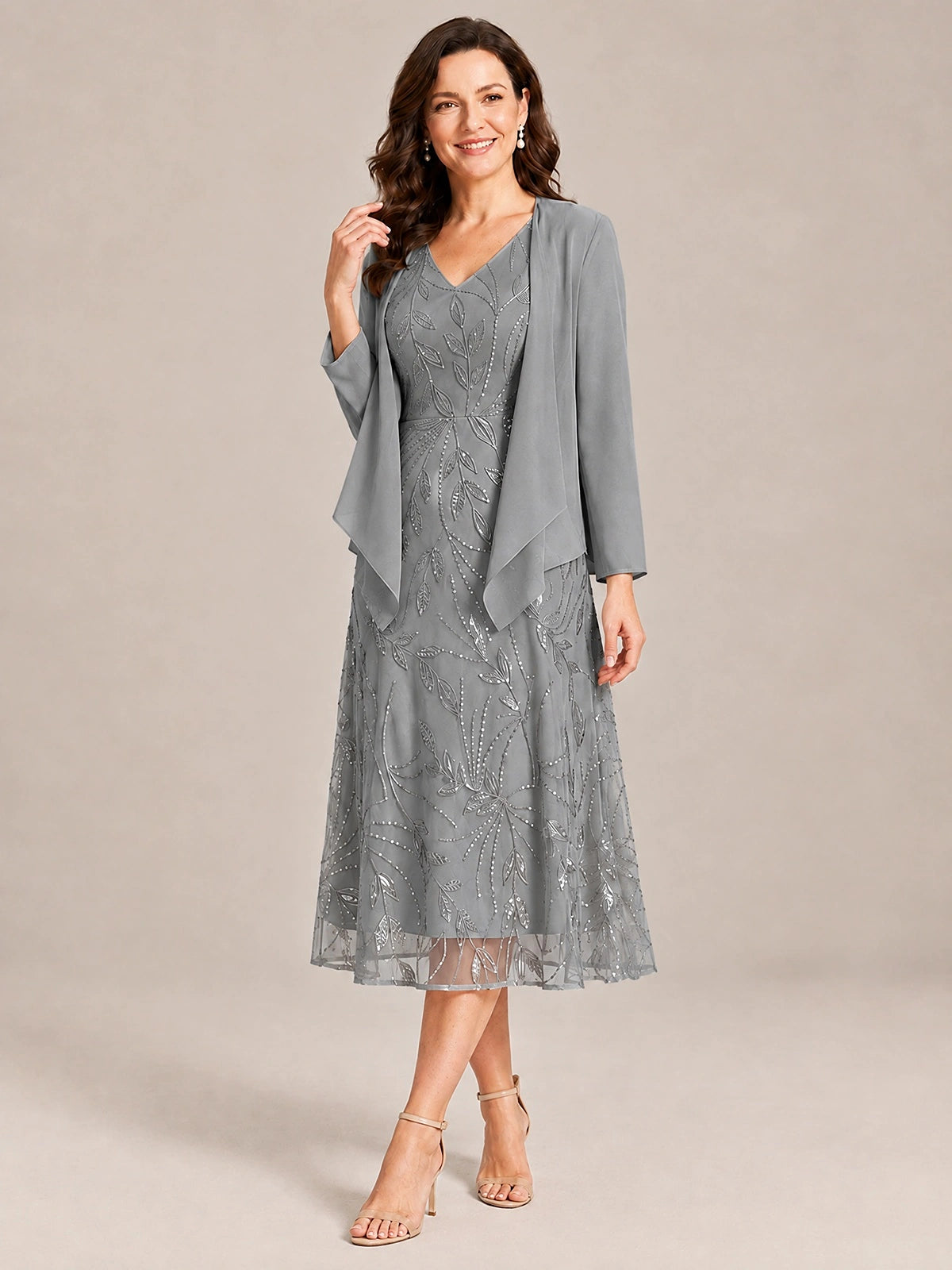 Tea Length Sequin Lace Mother of the Bride Dress with Chiffon Jacket