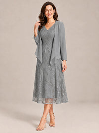 Tea Length Sequin Lace Mother of the Bride Dress with Chiffon Jacket