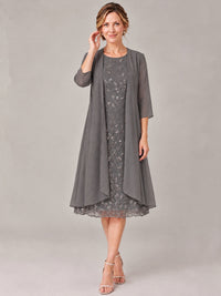 Tea Length Sequin Lace Mother of The Bride Dress with Chiffon Jacket
