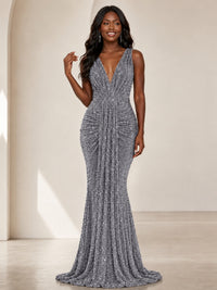 Sequin Mermaid Prom Dress with V-Neck and Ruched Waist