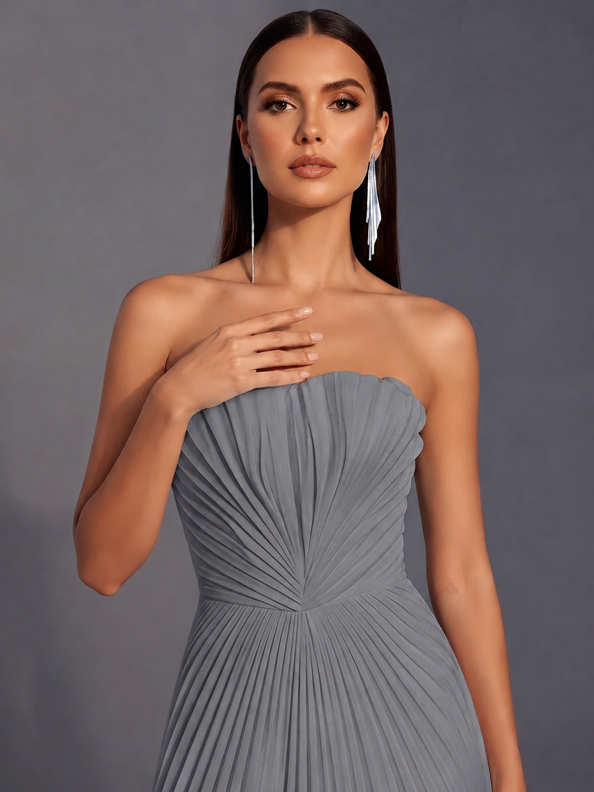 Strapless A-line Long Pleated Satin Prom Dress