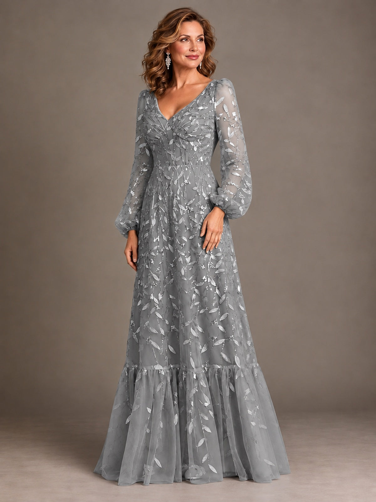 Floral Sequin Embroidered A-Line Mother of the Bride Dress with Long Sleeves