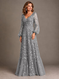 Floral Sequin Embroidered A-Line Mother of the Bride Dress with Long Sleeves