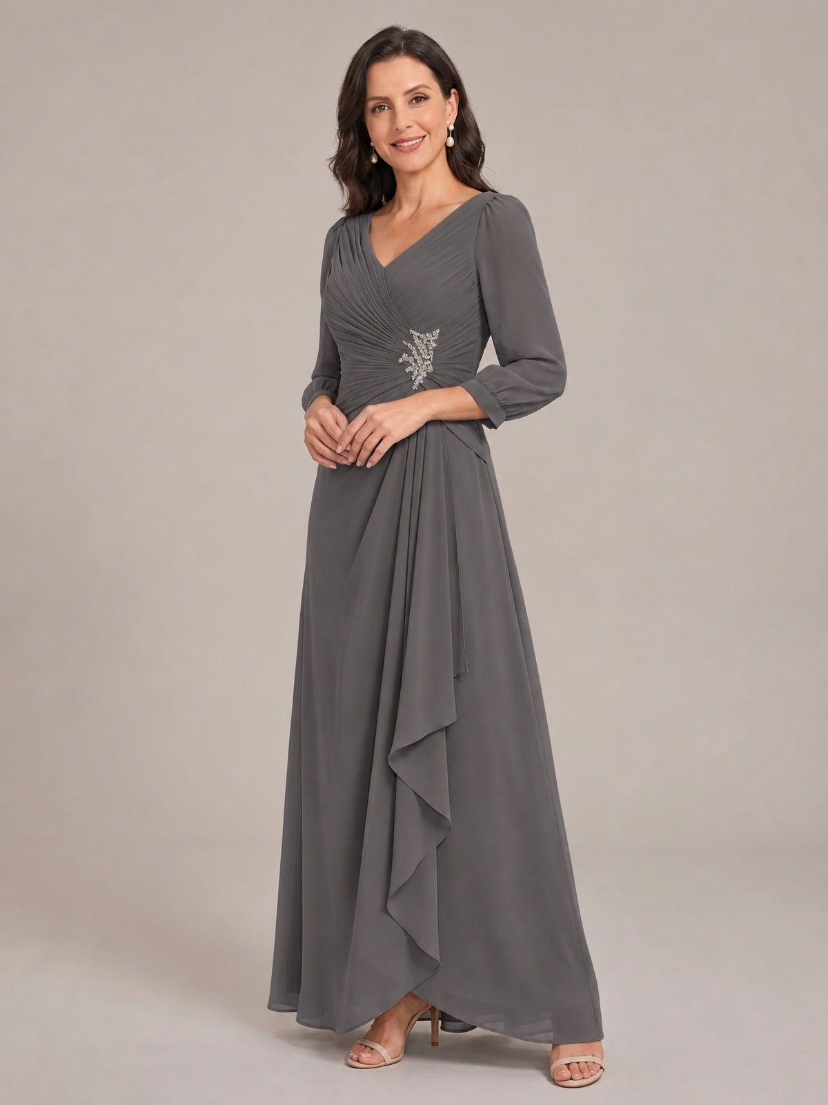 V-Neck Pleated Chiffon Mother of the Bride Dress with Flutter Sleeves