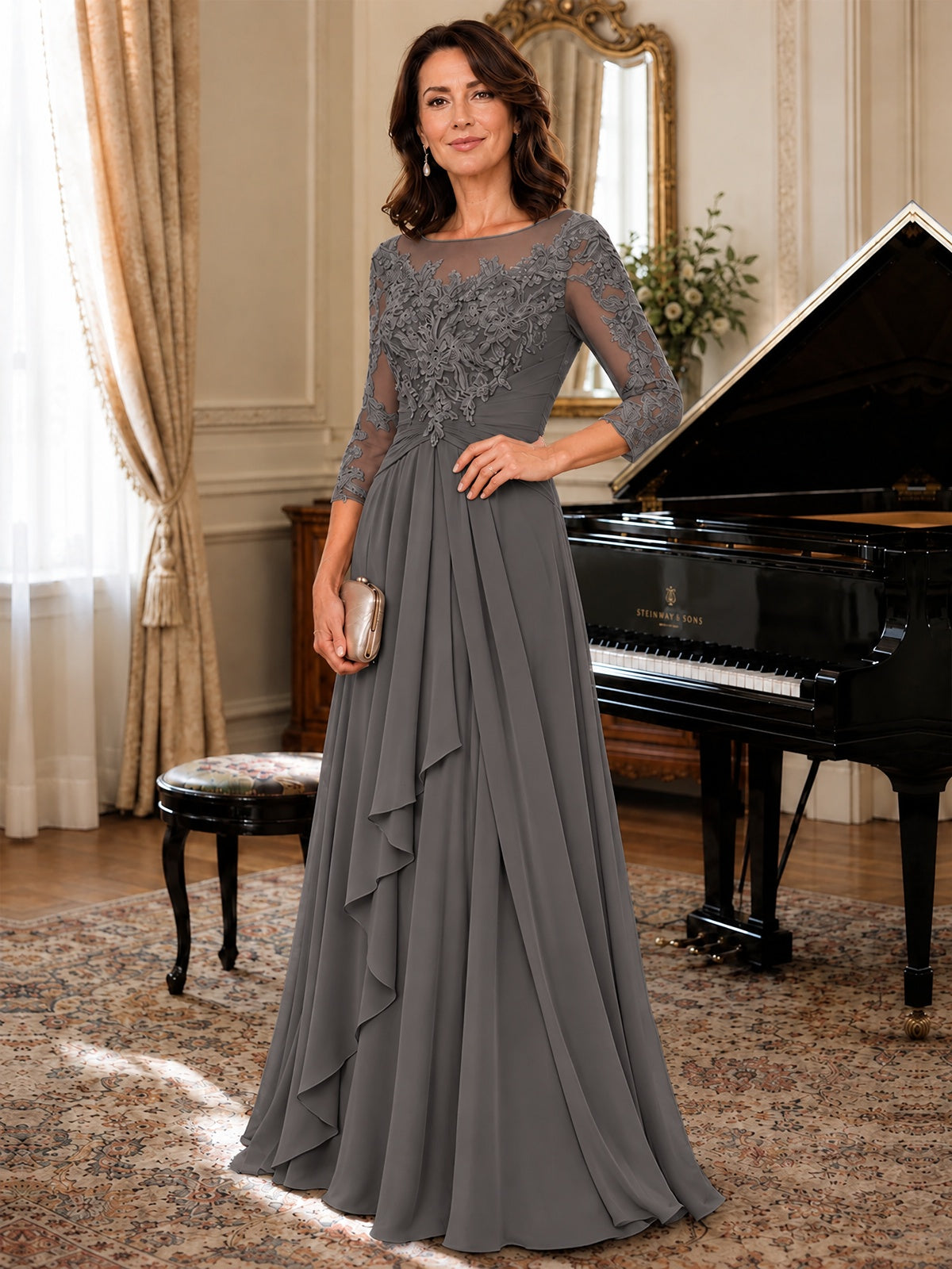 A-Line Chiffon Mother of the Bride Dress with Floral Applique 3/4 Sleeves