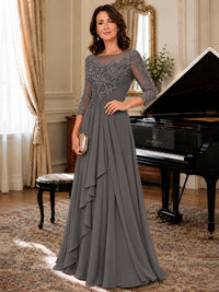 A-Line Chiffon Mother of the Bride Dress with Floral Applique 3/4 Sleeves