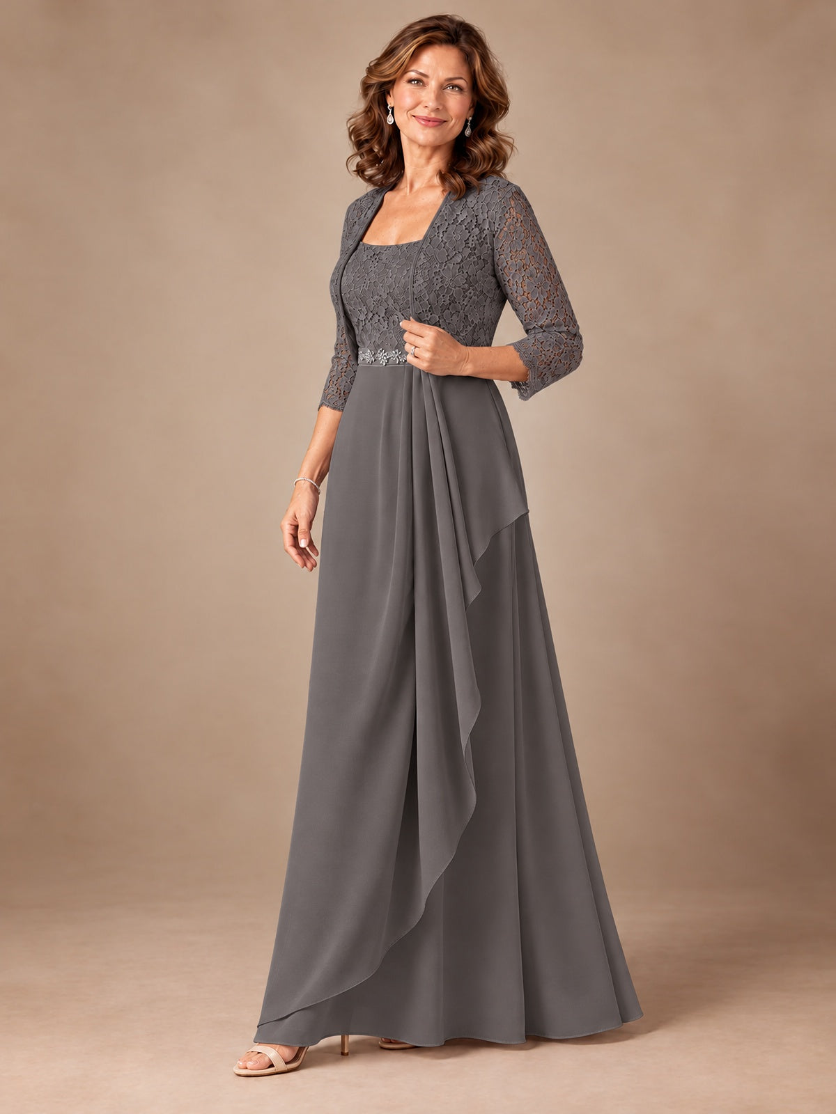 Blush Pink A-Line Mother of the Bride Dress with Lace Jacket and Ruffles