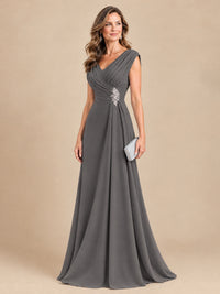 V Neck Pleated Mother of The Bride Dresses with Beading Cap Sleeves