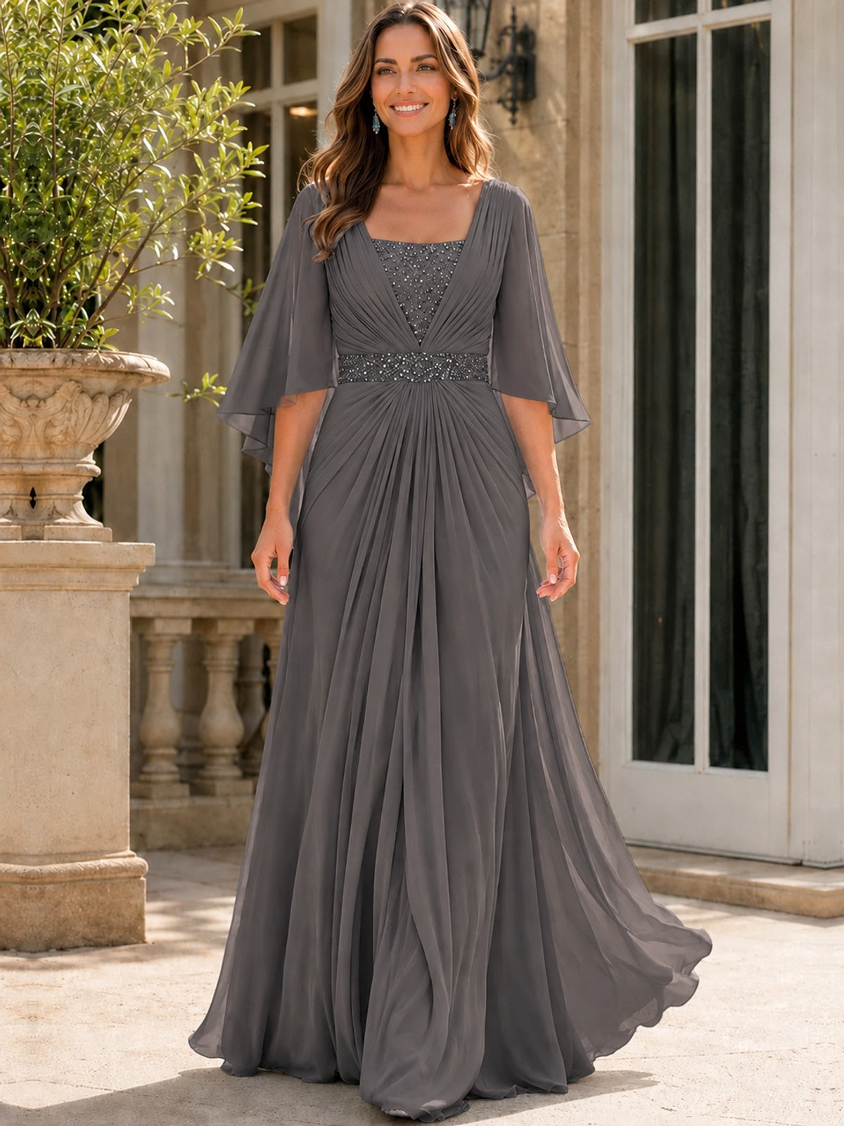 Elegant V-Neck Sequined Chiffon Mother of the Bride Dress with Flutter Sleeves