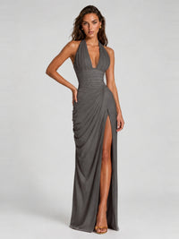 Ruched Halter Neck High-Slit Prom & Evening Dress