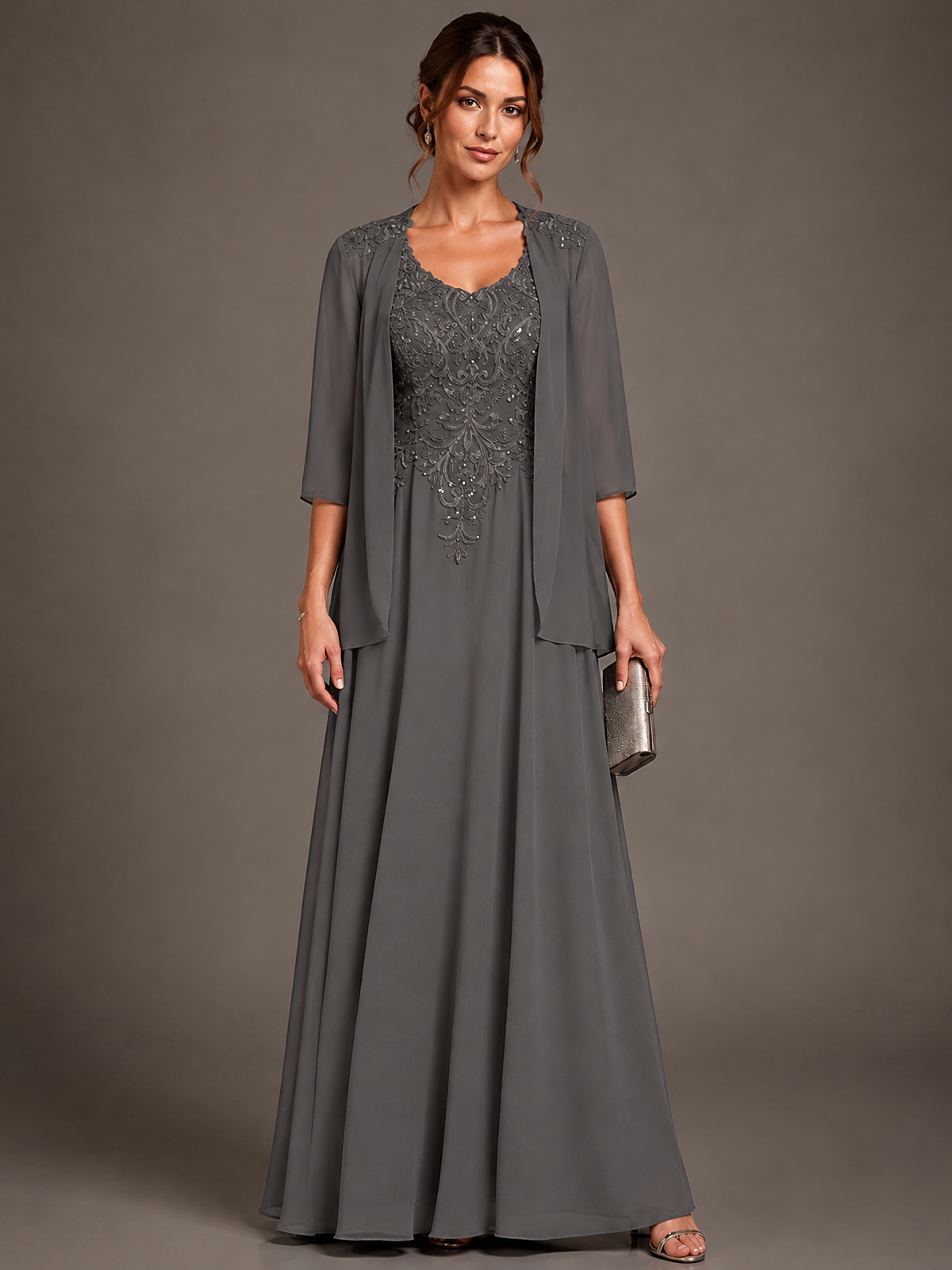 A-line 2 Pieces Chiffon Appliques Mother of The Bride Dresses with Jackets
