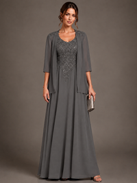 A-line 2 Pieces Chiffon Appliques Mother of The Bride Dresses with Jackets
