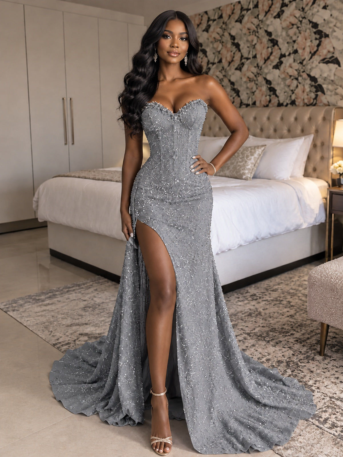 Beaded Sequin Prom Dress Strapless Formal Gowns with High Slit Train