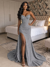 Beaded Sequin Prom Dress Strapless Formal Gowns with High Slit Train