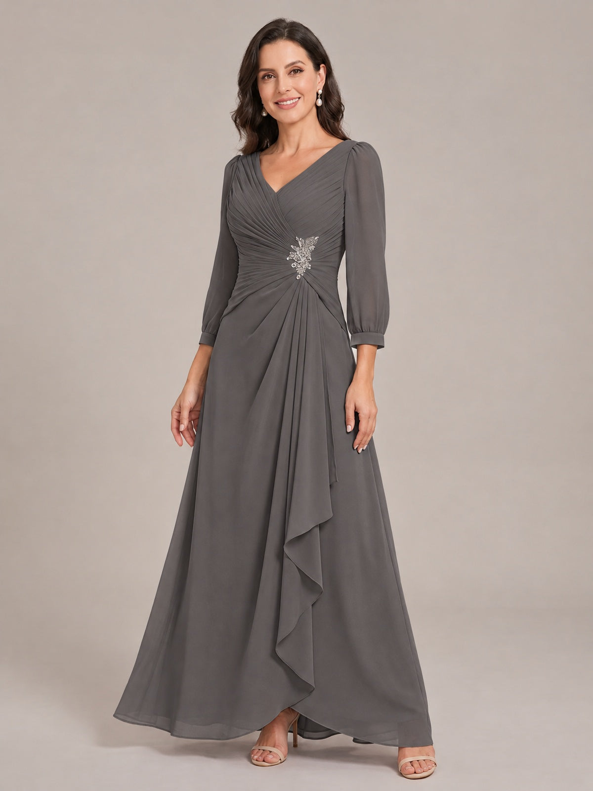 V-Neck Pleated Chiffon Mother of the Bride Dress with Flutter Sleeves