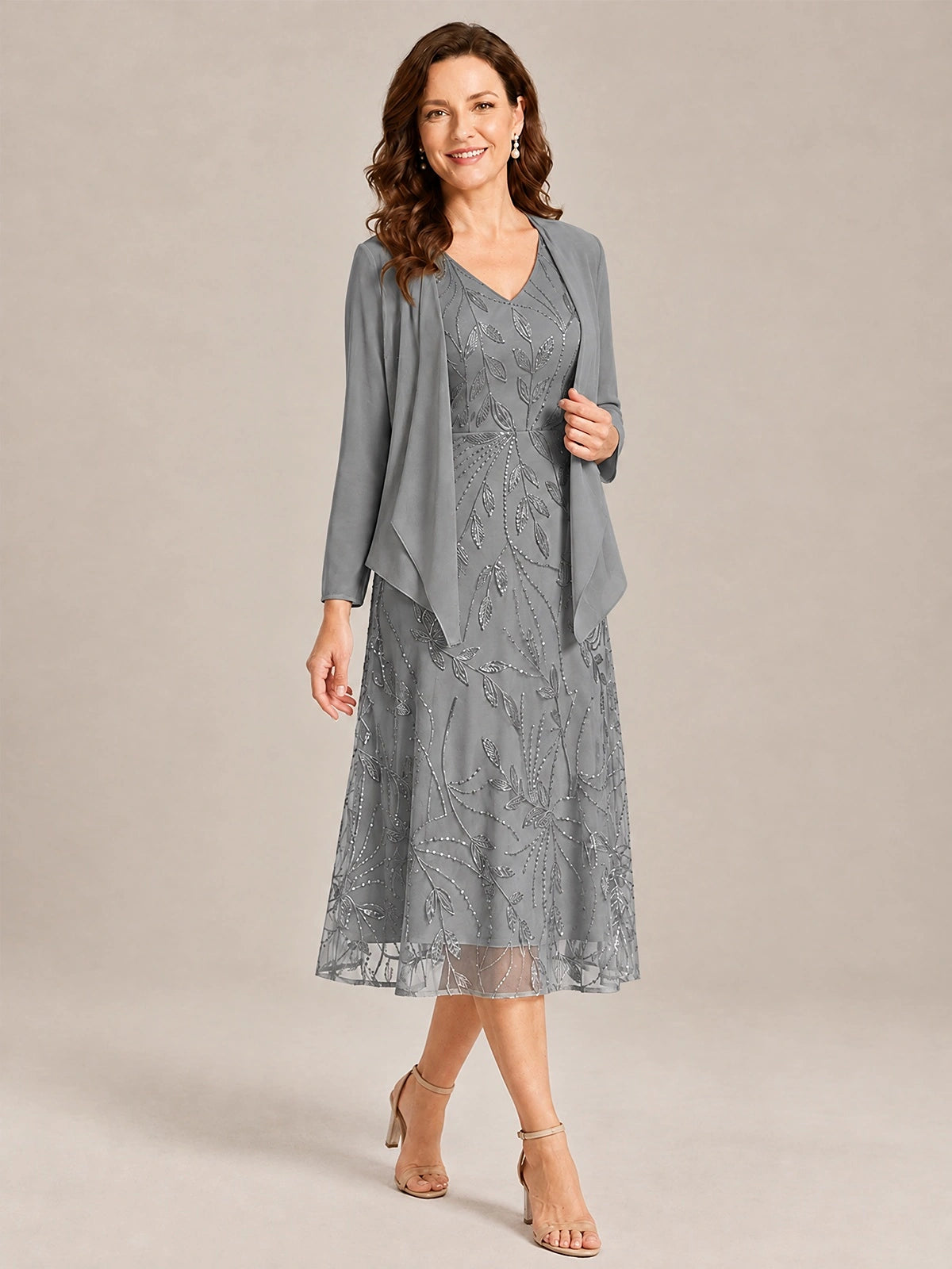 Tea Length Sequin Lace Mother of the Bride Dress with Chiffon Jacket