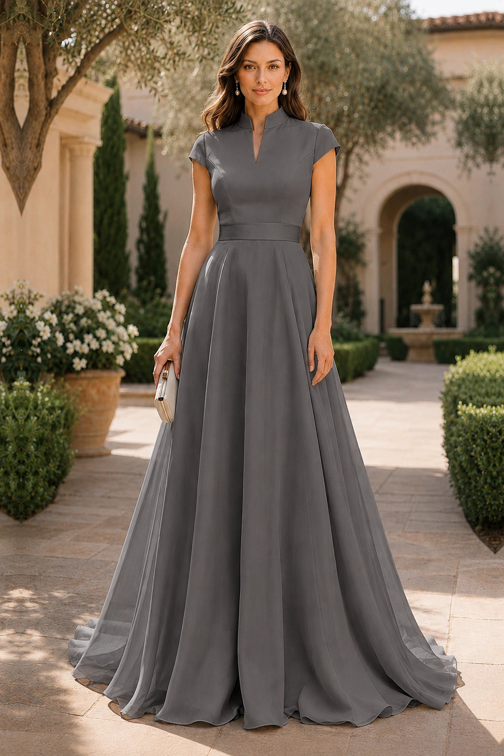 V Neck Cap Sleeve A-Line Floor-Length Satin Bridesmaid Dress