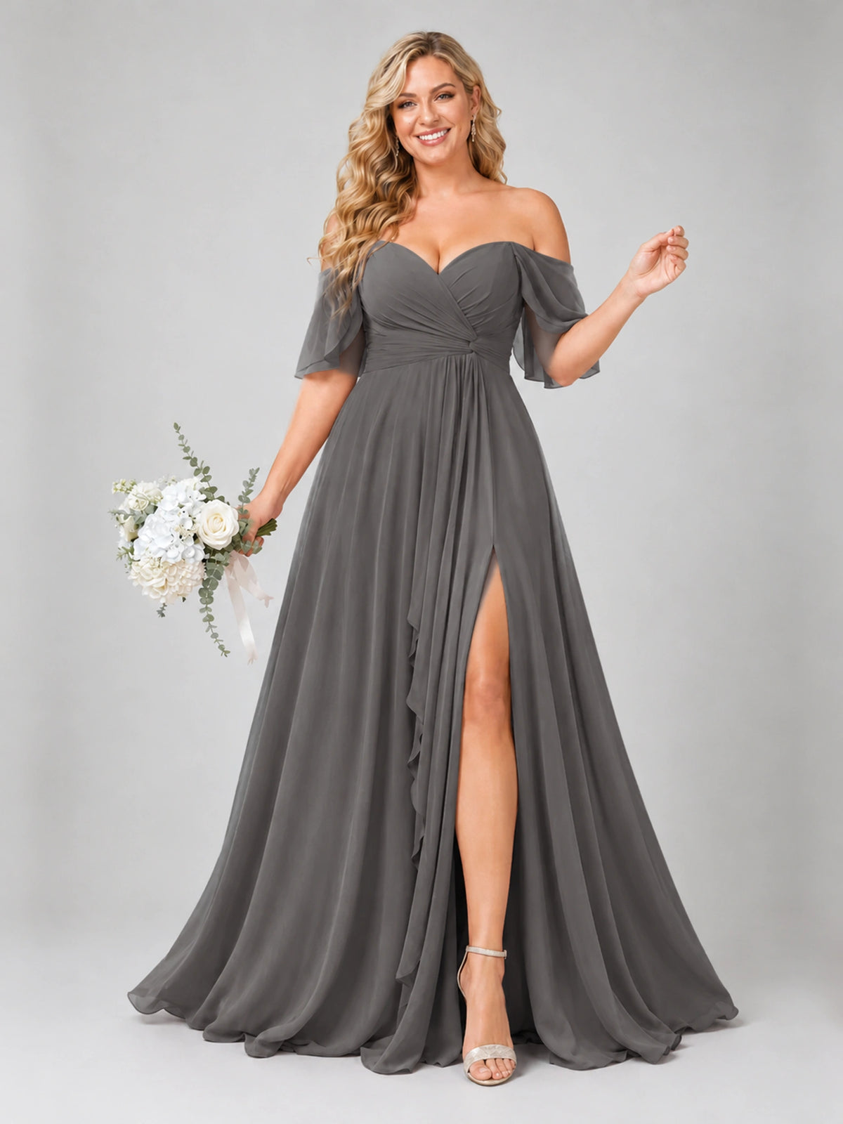 Off Shoulder Chiffon Bridesmaid Dress with Slit