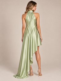 Sage Green Satin Halter Neck High-Low Maxi Dress