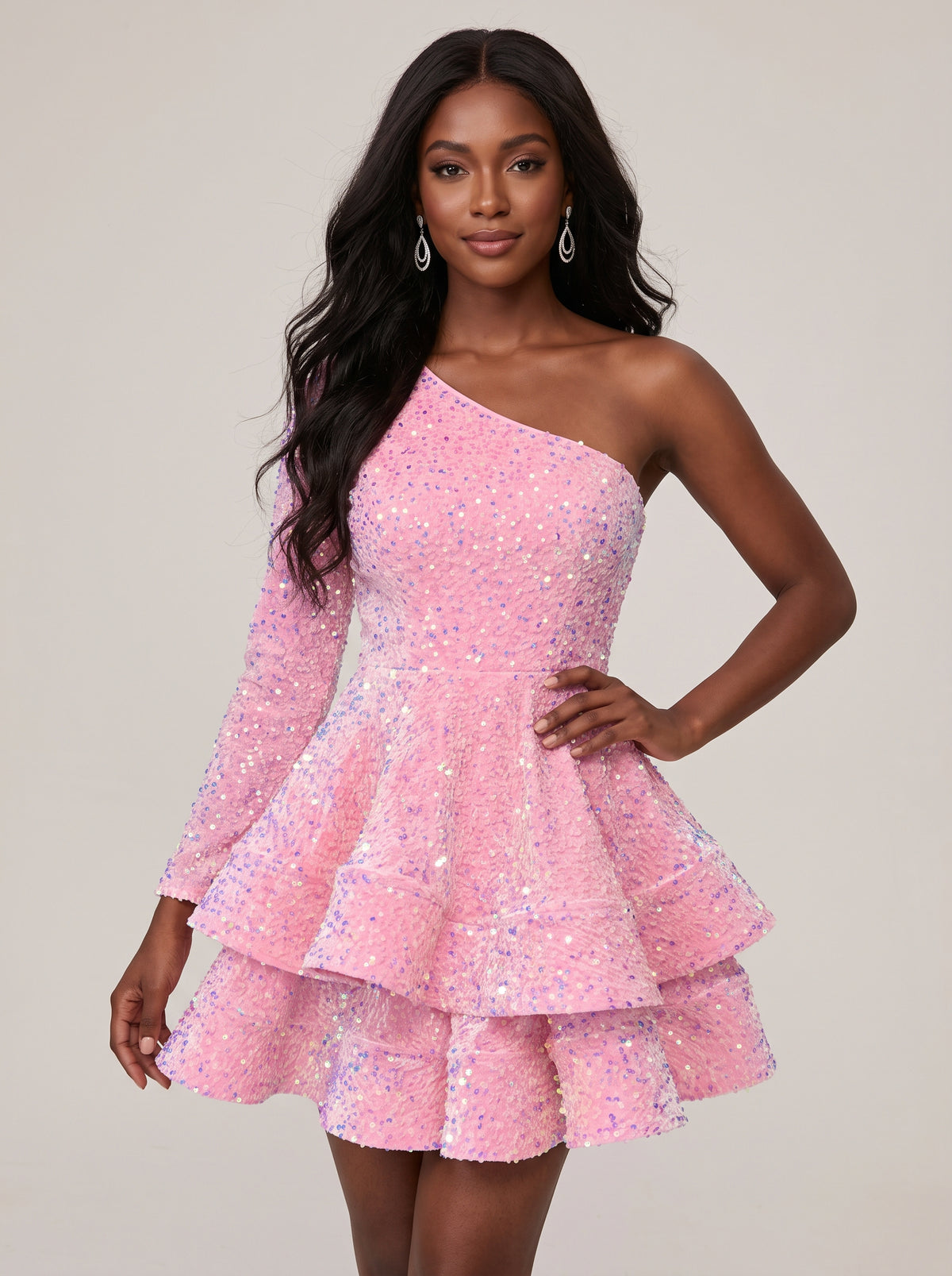 Pink One Shouler Sequin Homecoming Dress with Long Sleeve Sparkly Puffy Tiered Mini Prom Dress Cocktail Party Gown