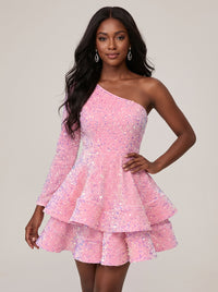 Pink One Shouler Sequin Homecoming Dress with Long Sleeve Sparkly Puffy Tiered Mini Prom Dress Cocktail Party Gown