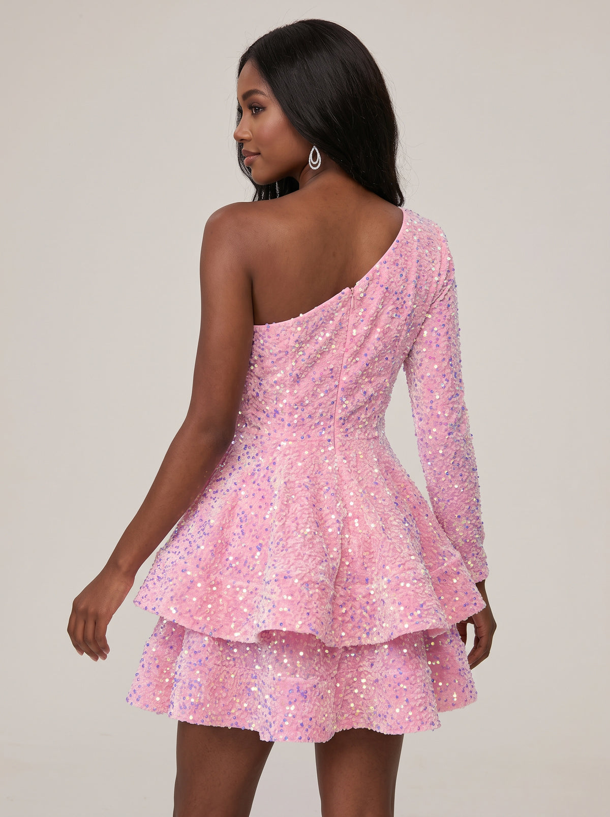 Puffy One Shoulder Sequin Tiered Mini Dress