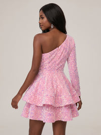 Puffy One Shoulder Sequin Tiered Mini Dress