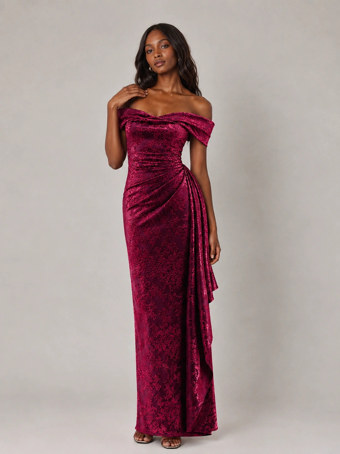 Hot Pink Floral Sequin Off-Shoulder Ruched Formal Dress