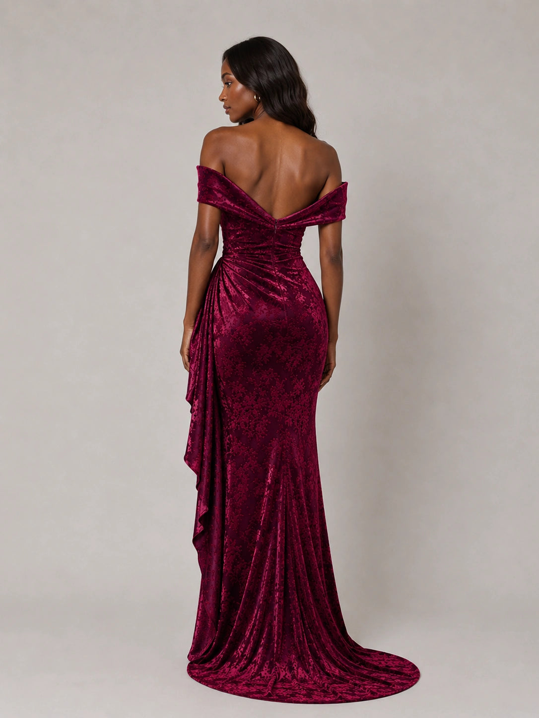 Hot Pink Floral Sequin Off-Shoulder Ruched Formal Dress