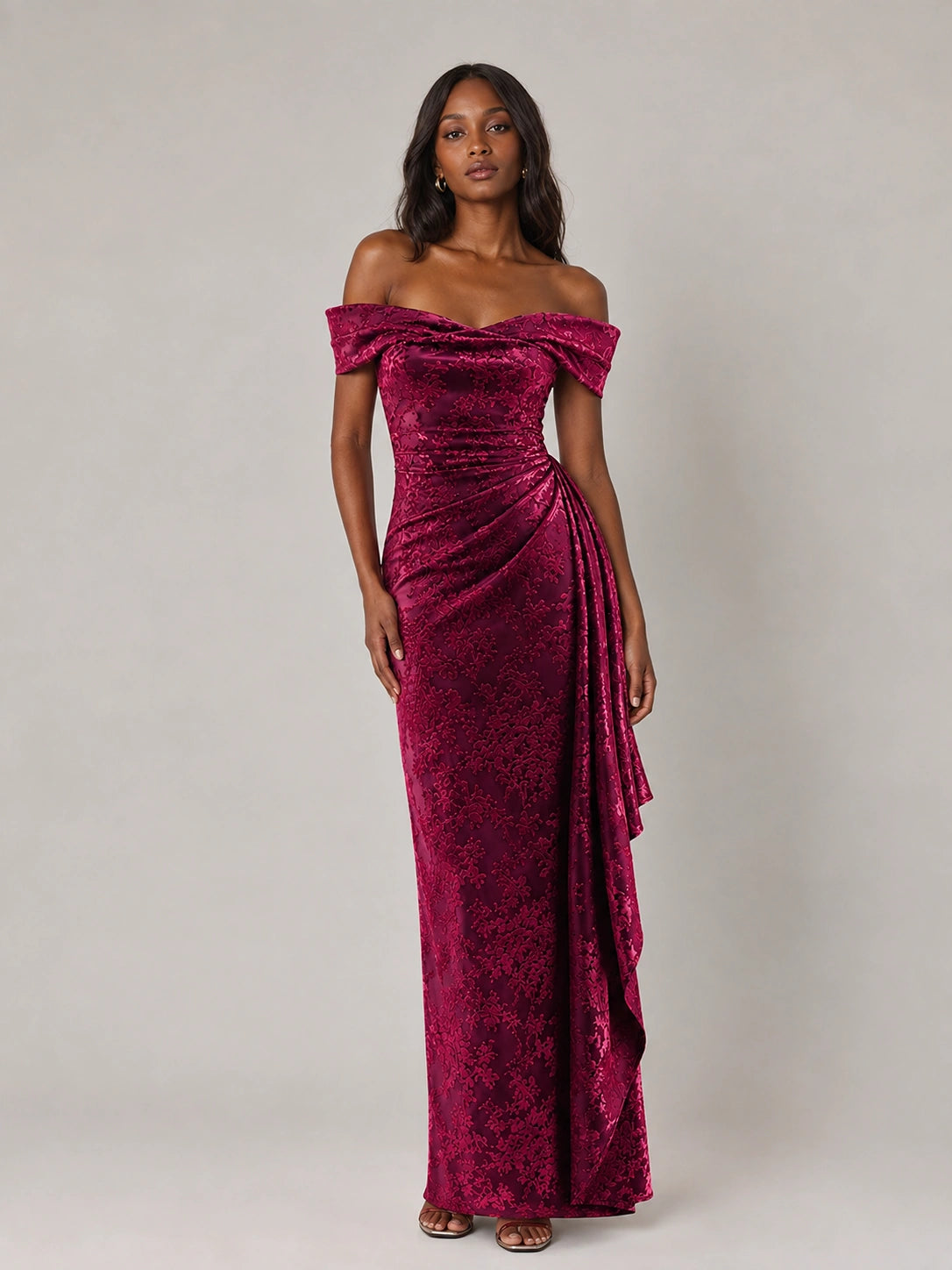 Hot Pink Floral Sequin Off-Shoulder Ruched Formal Dress