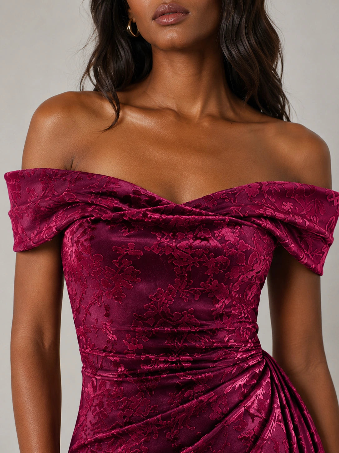 Hot Pink Floral Sequin Off-Shoulder Ruched Formal Dress