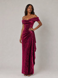 Hot Pink Floral Sequin Off-Shoulder Ruched Formal Dress