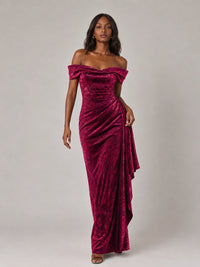 Hot Pink Floral Sequin Off-Shoulder Ruched Formal Dress