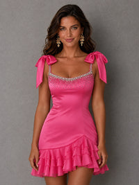 Jovellee Valentina hot pink satin mini dress with sequin neckline, bow straps and layered ruffle hem