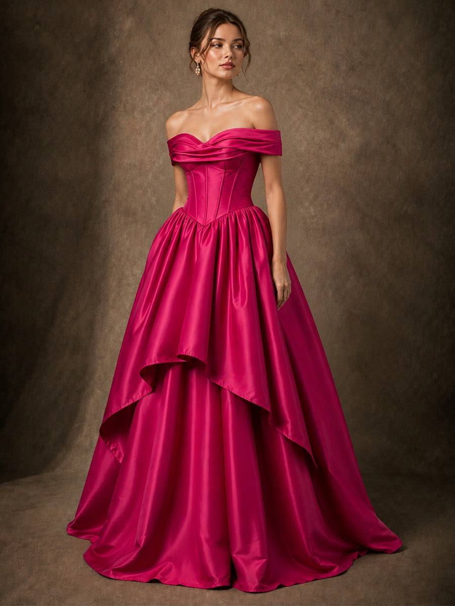 Hot Pink Satin Off-Shoulder High-Low Ball Gown with Pockets