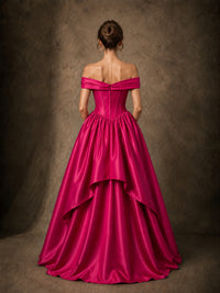 Hot Pink Satin Off-Shoulder High-Low Ball Gown with Pockets