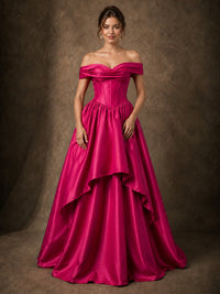 Hot Pink Satin Off-Shoulder High-Low Ball Gown with Pockets