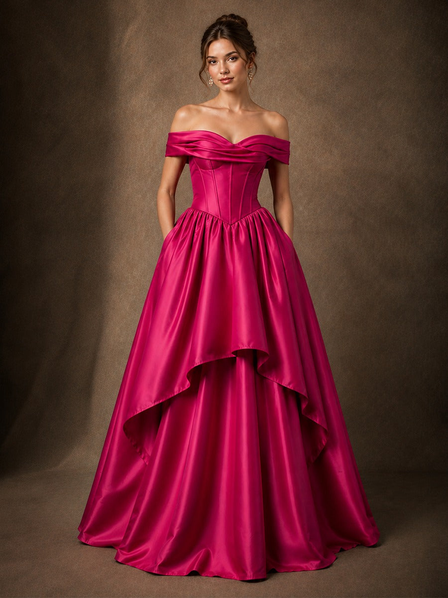 Hot Pink Satin Off-Shoulder High-Low Ball Gown with Pockets