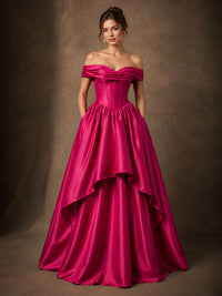 Hot Pink Satin Off-Shoulder High-Low Ball Gown with Pockets