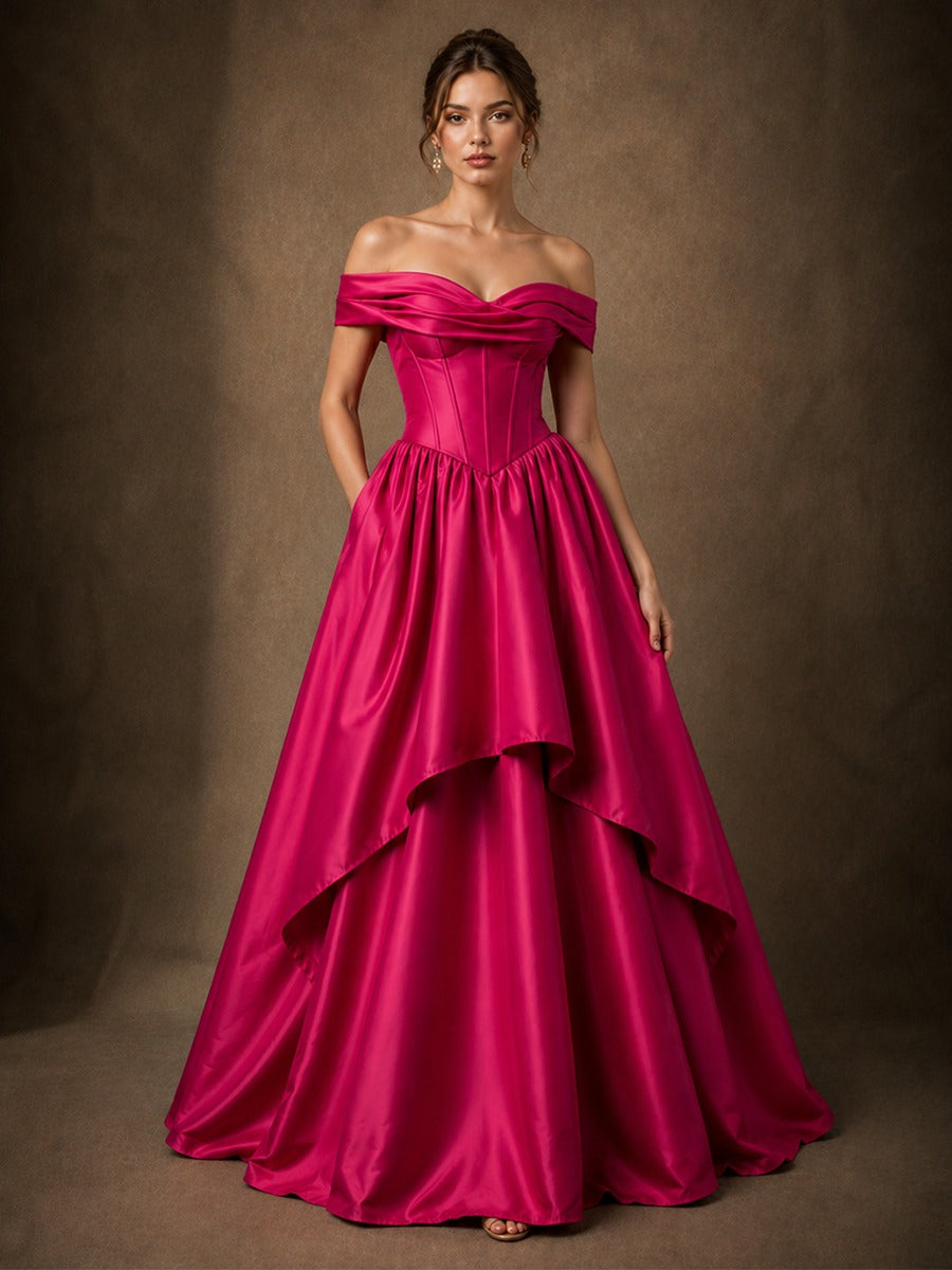 Hot Pink Satin Off-Shoulder High-Low Ball Gown with Pockets