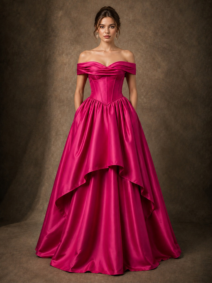 Hot Pink Satin Off-Shoulder High-Low Ball Gown with Pockets